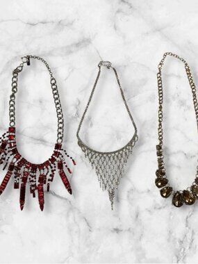 Jewelry Bundle Statement Faux Red Amber Color Stone Silver Necklaces Set of 3